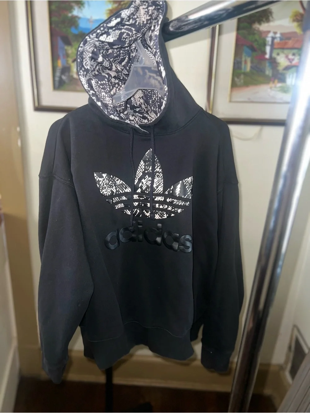 adidas Black Hoodie with Patterned Trefoil and Lined Hood